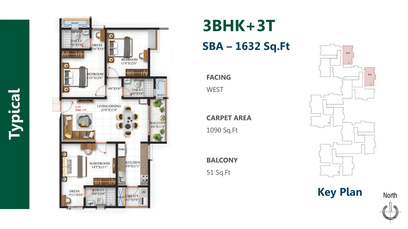 SBR One Residence 3BHK-3T-1632-sqft Floor Plan